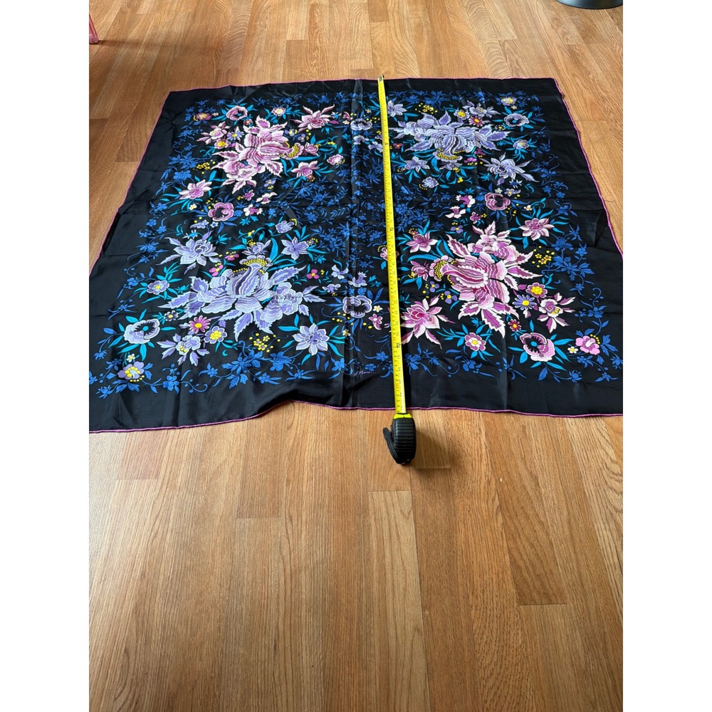 Seeler Black Floral 100% Silk Square Scarf Purple Blue Pink 42x42 R641R0101A